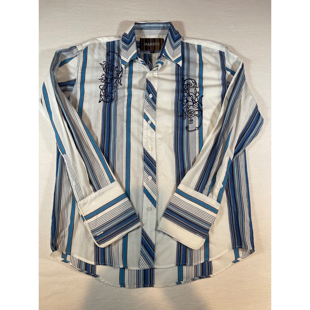 Manzini Mens Large Blue White Striped Embroidered Long Sleeve Button Down Shirt